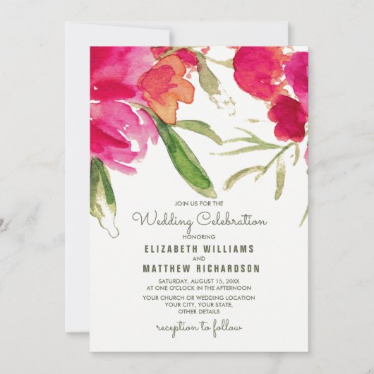 Romantic Floral Waterverf Wedding Invitations Kaart (Voorkant)