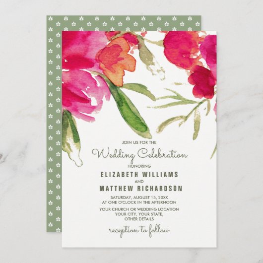 Romantic Floral Waterverf Wedding Invitations Kaart (Voorkant / Achterkant)