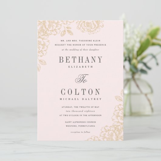 Romantic Floral Wedding Invitation | Goud Kaart (Staand voorkant)