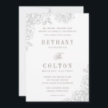 Romantic Floral Wedding Invitation | wit Kaart<br><div class="desc">Romantische,  ontrendmatige trouwuitnodigingen met romantische rozen. De lieflijke typografie en alle grijze tekst maken dit ontwerp echt uit. De tekst is volledig aanpasbaar,  zodat u het lettertype,  de kleur en de plaatsing kunt wijzigen,  zodat u een echte ervaring van een soort uitnodigingsontwerp kunt maken!</div>