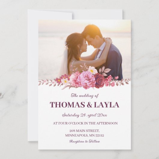 Romantic Floral Wedding Invitation with Photo Kaart (Voorkant)