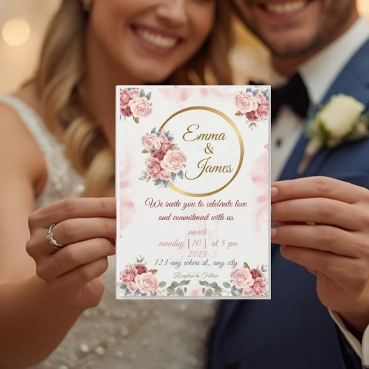 Romantic Floral Wedding Invite | Blush & Gold Rose Kaart
