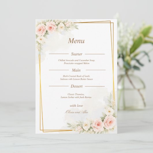 Romantic Floral Wedding Menu Dusty Blush Peony (Staand voorkant)