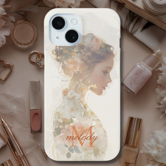 Romantic Floral Woman Silhouette Custom Monogram Case-Mate iPhone Case
