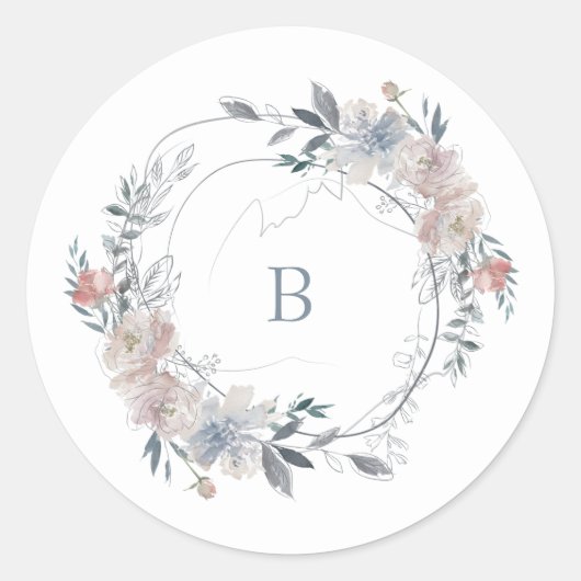 Romantic Floral Wreater Waterverf Monogram Ronde Sticker (Voorkant)