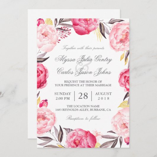 Romantic Floral Wreath Botanical Wedding Kaart (Voorkant / Achterkant)