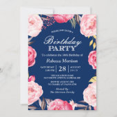 Romantic Floral Wreath Navy Blue Birthday Party Kaart (Voorkant)