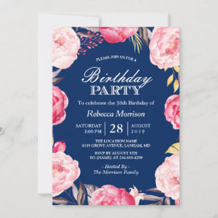Romantic Floral Wreath Navy Blue Birthday Party Kaart