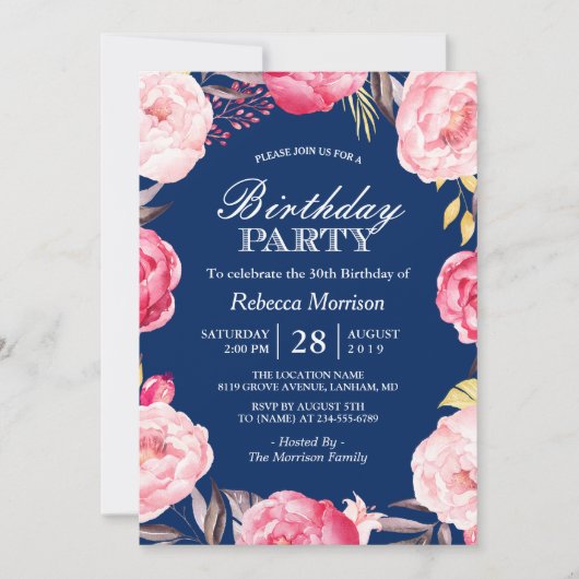 Romantic Floral Wreath Navy Blue Birthday Party Kaart (Voorkant)