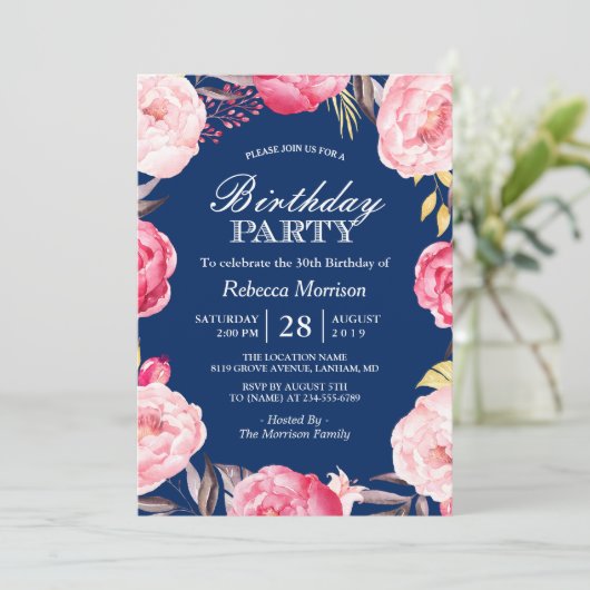 Romantic Floral Wreath Navy Blue Birthday Party Kaart (Staand voorkant)