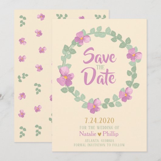 Romantic Floral Wreath Save the Date Kaart (Voorkant / Achterkant)