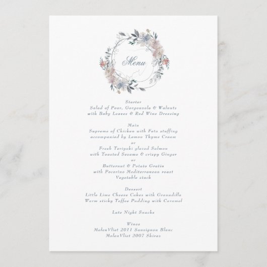 Romantic Floral Wreath Waterverf Monogram Weddensc Menu (Voorkant)