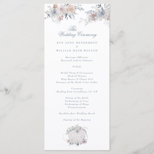 Romantic Floral Wreath Waterverf Monogram Weddensc Programmakaart (Voorkant)