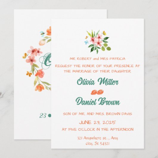 Romantic Floral Wreath Waterverf Wedding Kaart (Voorkant / Achterkant)