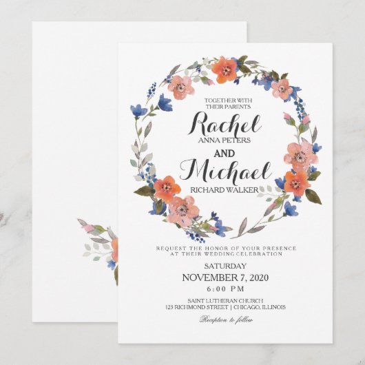 Romantic Floral Wreath Wedding Invitation Kaart (Voorkant / Achterkant)