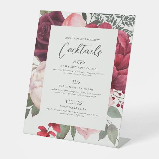 Romantic Florals Bridal Bouquet Ivory Bar Menu Reclamebord Met Voetstuk (Voorkant)