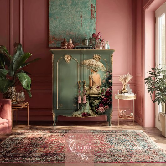 Romantic Florals Sage Green Lady & a Parasol Art Tissuepapier