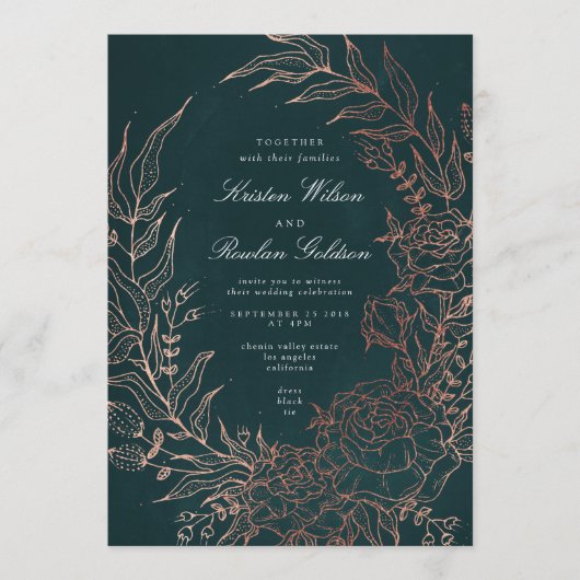 Romantic Flower Wreath Copper Wedding Invitation Kaart (Voorkant)