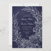 Romantic Flower Wreath Navy Wedding Invitation Kaart (Voorkant)