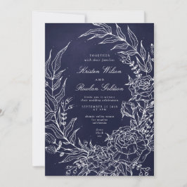 Romantic Flower Wreath Navy Wedding Invitation Kaart