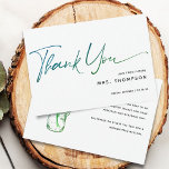 Romantic Flowers Modern Script Vrijgezellenfeest Bedankkaart<br><div class="desc">Eenvoudig,  modern script "dankjewel" in blauw,  groen ombre-vrijgezellenfeest. Op de rug met wilde bloemen in een pot. blauw groen ombre met aanpasbare tekst.</div>