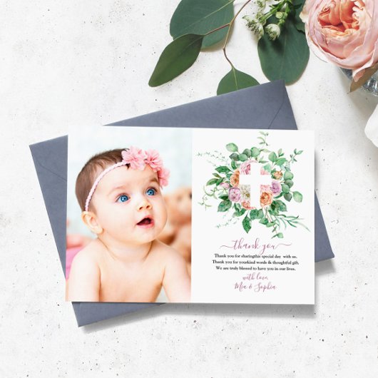 Romantic Flowers & Photo Baptism - Hartelijk dank Kaart