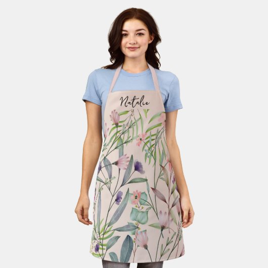 Romantic foliage botanical script monogram roze schort (Gedragen)