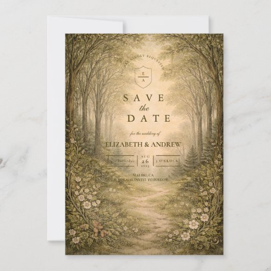 Romantic Forest Path Wedding Save The Date (Voorkant)
