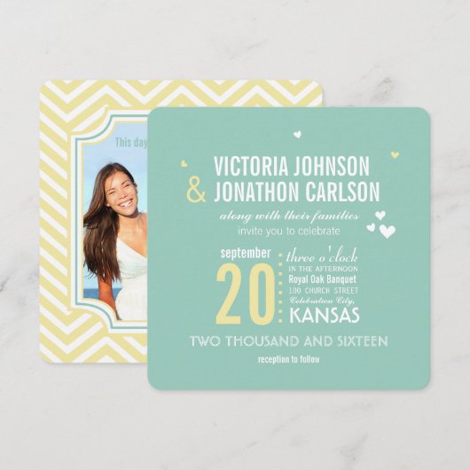 Romantic Foto Mint and Yellow Zig Zag Wedding Kaart (Voorkant / Achterkant)