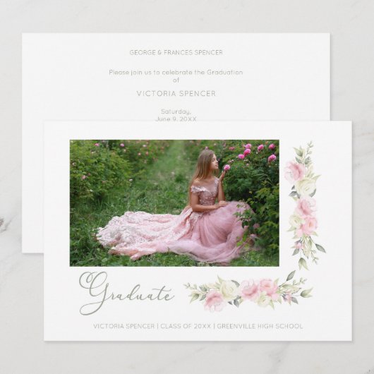 Romantic Foto Spring Pink Floral Wreath Graduatio Kaart (Voorkant / Achterkant)