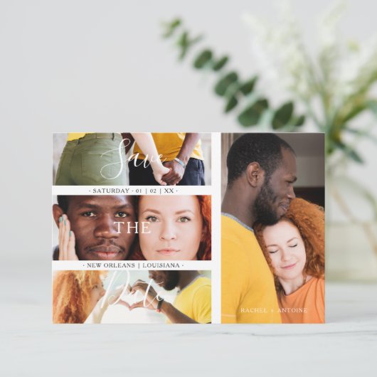 Romantic Four Wedding Engagement Photos Collage Save The Date (Staand voorkant)