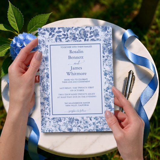 Romantic French Blue Toile Garden Frame Wedding Kaart
