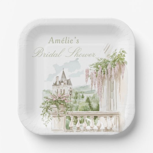 Romantic French Garden Chateau Bridal Shower Papieren Bordje (Voorkant)