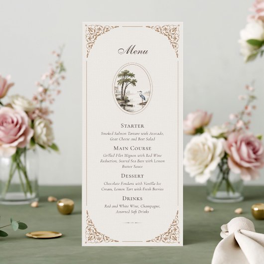Romantic French Heron Oval Frame Wedding Menu Card