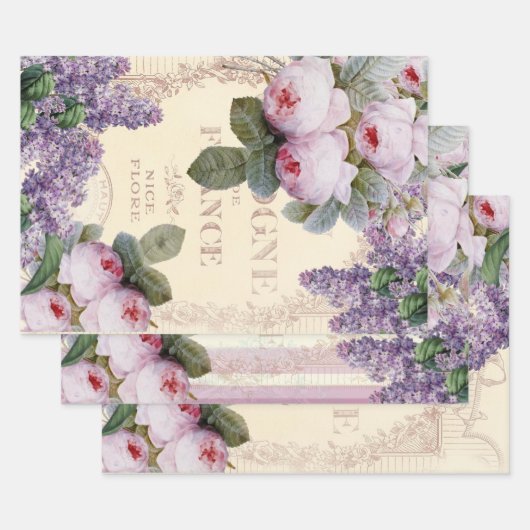 Romantic French Shabby Chic Rozen en Lila Inpakpapier Vel (Set)