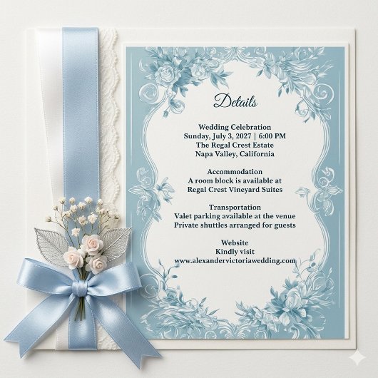 Romantic French Toile Blue Florals Wedding Details Informatiekaartje