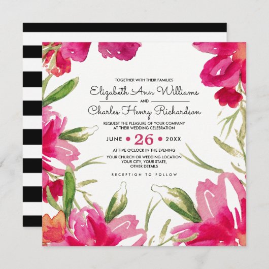 Romantic Fuchsia Floral Black Stripes Wedding Kaart (Voorkant / Achterkant)
