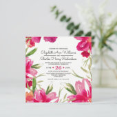 Romantic Fuchsia Floral Black Stripes Wedding Kaart (Staand voorkant)