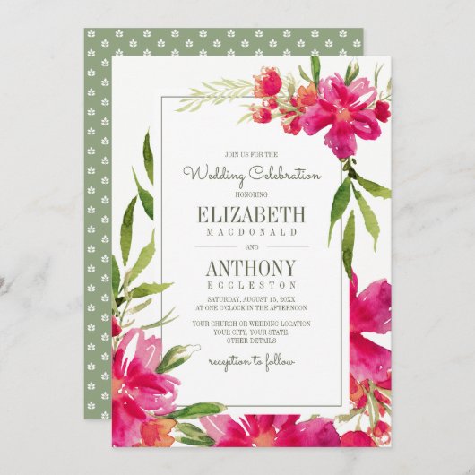 Romantic Fuchsia Green Floral Waterverf Wedding Kaart (Voorkant / Achterkant)