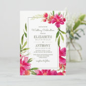 Romantic Fuchsia Green Floral Waterverf Wedding Kaart (Staand voorkant)