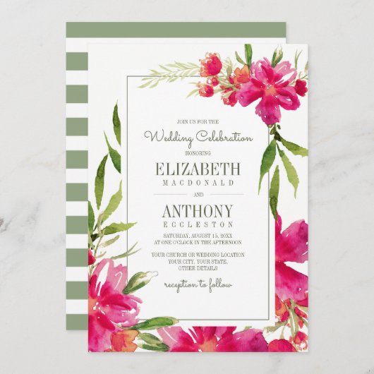 Romantic Fuchsia Green Floral Waterverf Wedding Kaart (Voorkant / Achterkant)