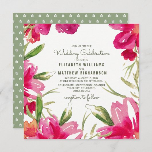 Romantic Fuchsia Green Floral Wedding Kaart (Voorkant / Achterkant)
