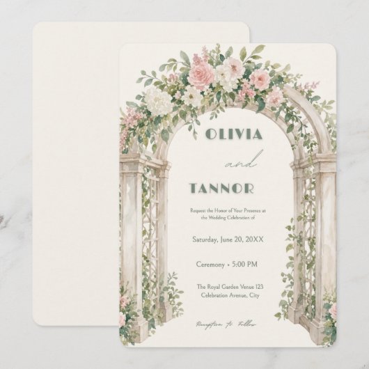 Romantic Garden Arch Wedding Invitation – Elegant Kaart (Voorkant / Achterkant)