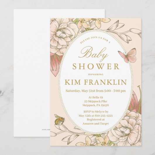 Romantic Garden Floral Baby Bee Girl Shower Kaart (Voorkant / Achterkant)