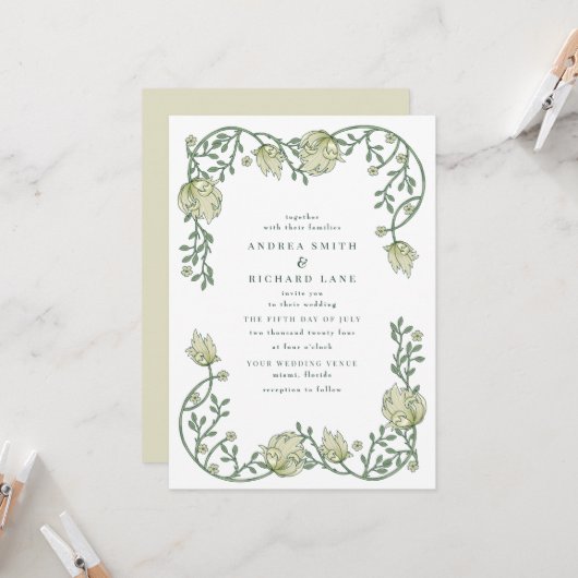 Romantic Garden Floral Wedding Invitation Kaart (Voorkant / Achterkant in situ)