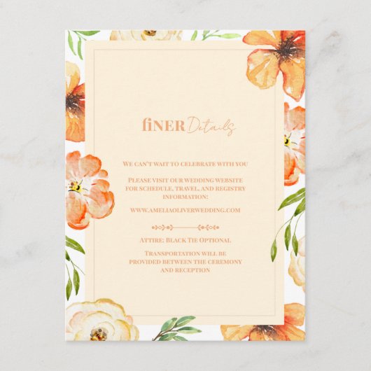 Romantic Garden Peach Floral Wedding Finer Details Informatiekaartje (Voorkant)