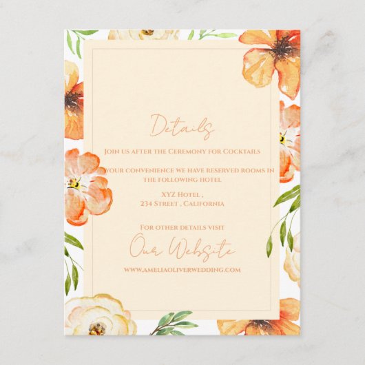 Romantic Garden Peach Floral Wedding Information Informatiekaartje (Voorkant)