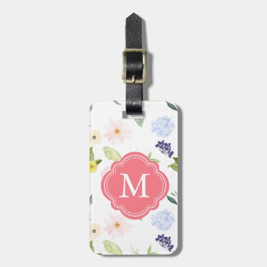 Romantic Garden Pink Waterverf Flowers Monogram Bagagelabel (Voorkant verticaal)