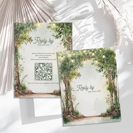 Romantic Garden String Lights QR Code Wedding RSVP Kaartje