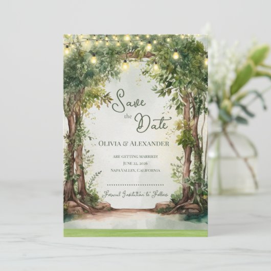 Romantic Garden String Lights Save the Date Aankondiging (Staand voorkant)